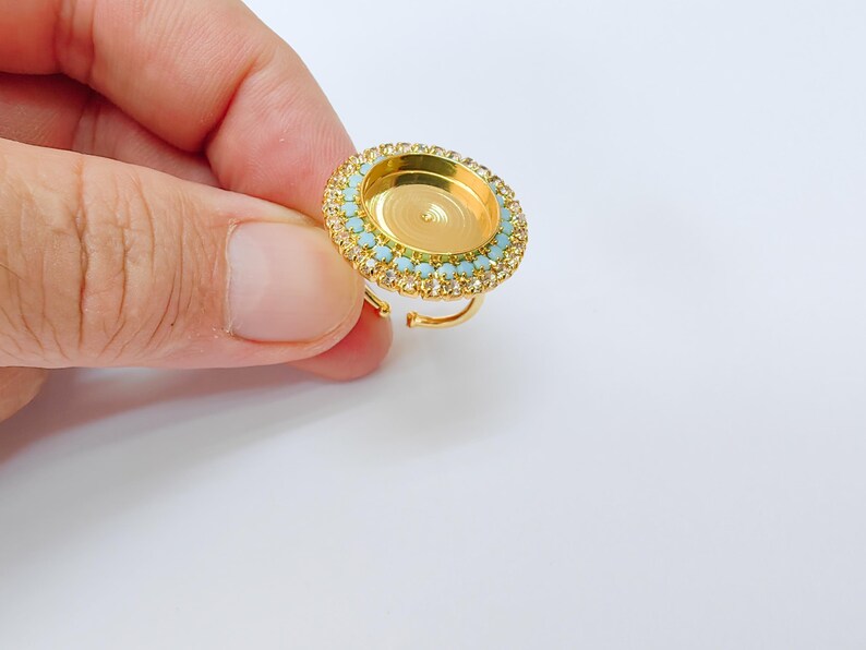 Turquoise Crystal Ring Bezel, Adjustable Ring Base, 16mm Round Bezel Setting, 24K Shiny Gold, G37391