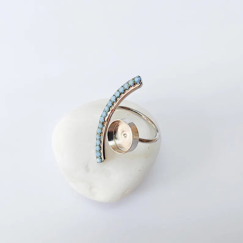 Turquoise Crystal Accent Adjustable Ring Bezel, 10mm Bezel Cup, Shiny Silver Brass, G37392