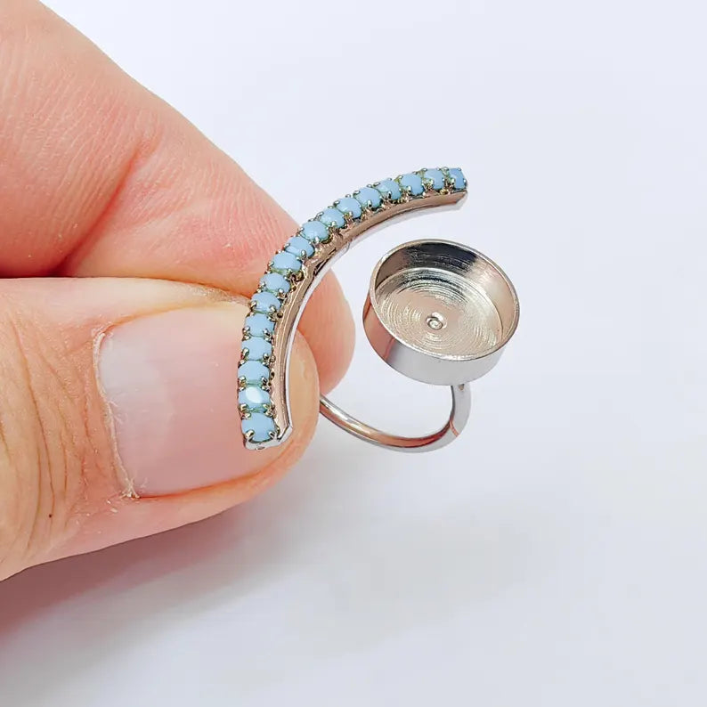 Turquoise Crystal Accent Adjustable Ring Bezel, 10mm Bezel Cup, Shiny Silver Brass, G37392