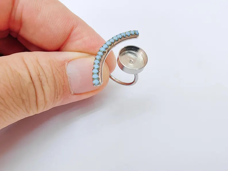 Turquoise Crystal Accent Adjustable Ring Bezel, 10mm Bezel Cup, Shiny Silver Brass, G37392