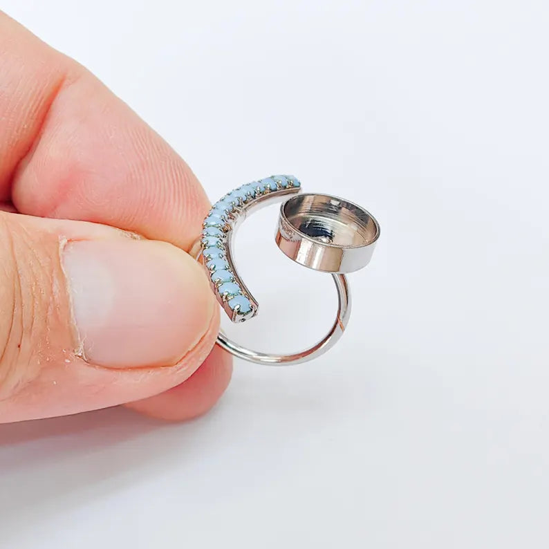 Turquoise Crystal Accent Adjustable Ring Bezel, 10mm Bezel Cup, Shiny Silver Brass, G37392