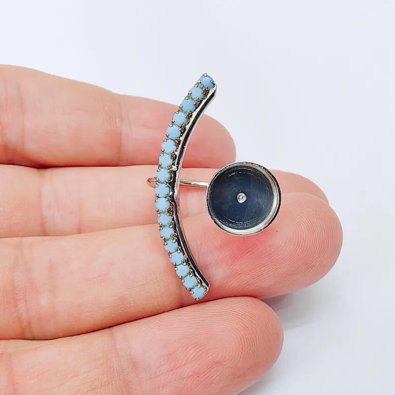 Turquoise Crystal Accent Adjustable Ring Bezel, 10mm Bezel Cup, Shiny Silver Brass, G37392