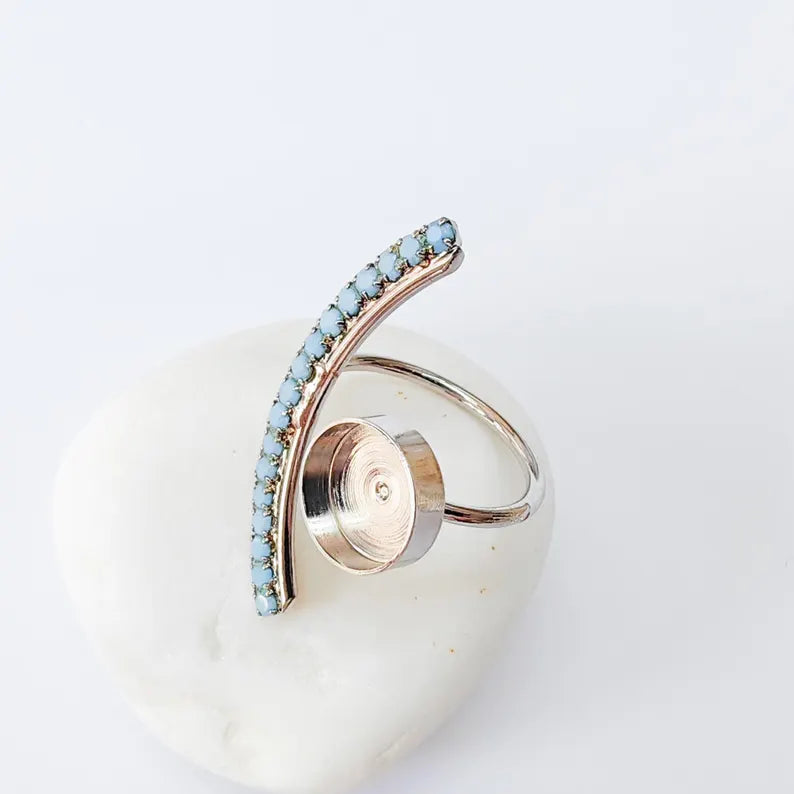 Turquoise Crystal Accent Adjustable Ring Bezel, 10mm Bezel Cup, Shiny Silver Brass, G37392