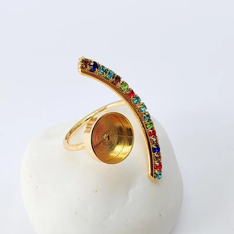 Adjustable Ring Bezel, 10mm Round Bezel Cup, Colorful Crystal, 24K Gold Plated, G37394
