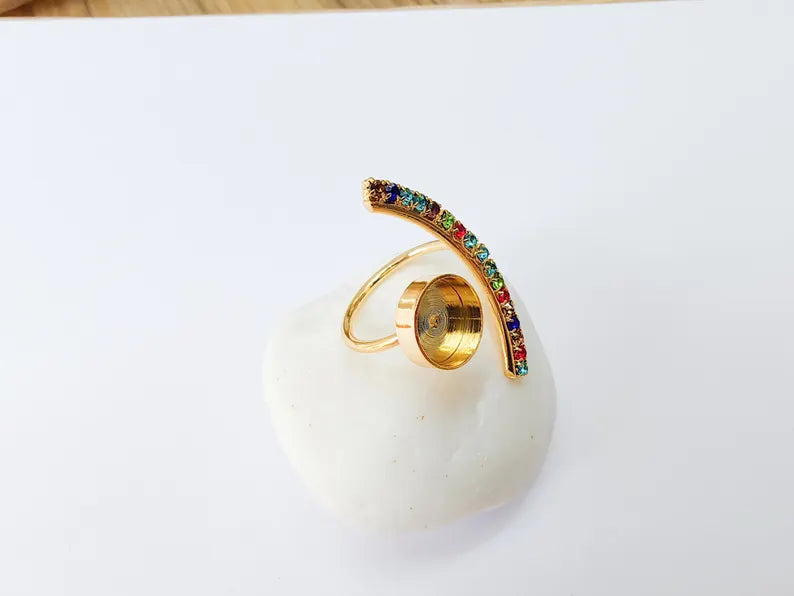 Adjustable Ring Bezel, 10mm Round Bezel Cup, Colorful Crystal, 24K Gold Plated, G37394