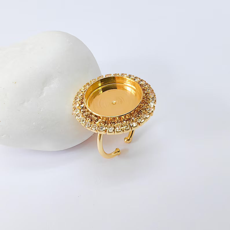 Crystal Ring Bezel, Adjustable Ring Base, 16mm Round Bezel Setting, 24K Shiny Gold, G37395