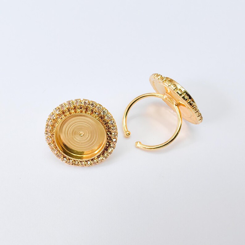 Crystal Ring Bezel, Adjustable Ring Base, 16mm Round Bezel Setting, 24K Shiny Gold, G37395