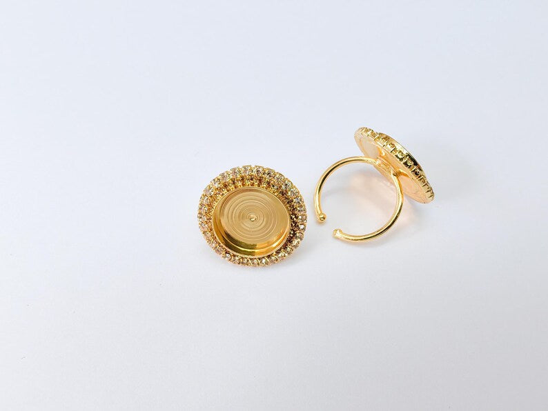 Crystal Ring Bezel, Adjustable Ring Base, 16mm Round Bezel Setting, 24K Shiny Gold, G37395