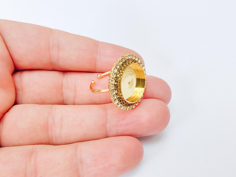 Crystal Ring Bezel, Adjustable Ring Base, 16mm Round Bezel Setting, 24K Shiny Gold, G37395