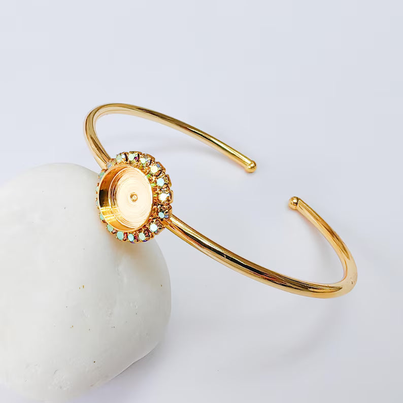 Rainbow Blue Crystal Accent Bracelet Bezel, Adjustable Cuff Bangle, 10mm Round Setting, 24k Shiny Gold Brass, G37396