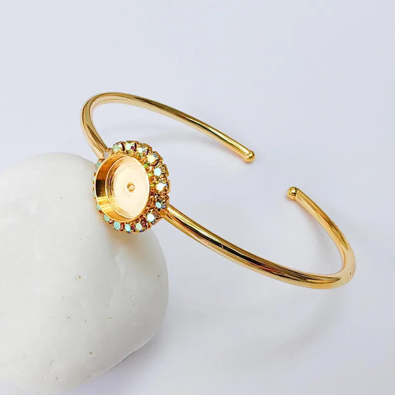 Rainbow Blue Crystal Accent Bracelet Bezel, Adjustable Cuff Bangle, 10mm Round Setting, 24k Shiny Gold Brass, G37396