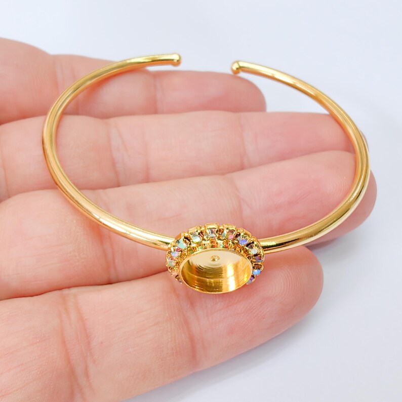 Rainbow Blue Crystal Accent Bracelet Bezel, Adjustable Cuff Bangle, 10mm Round Setting, 24k Shiny Gold Brass, G37396