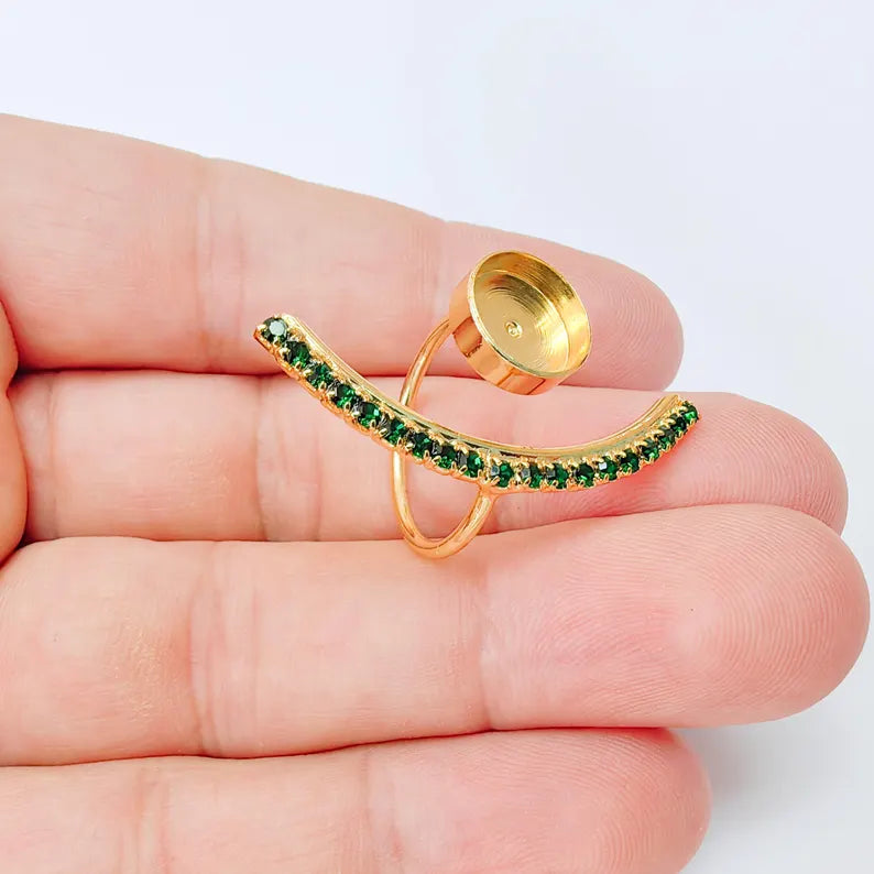 Adjustable Ring Bezel, 10mm Round Bezel Cup, Green Crystal, 24K Gold Plated, G37398