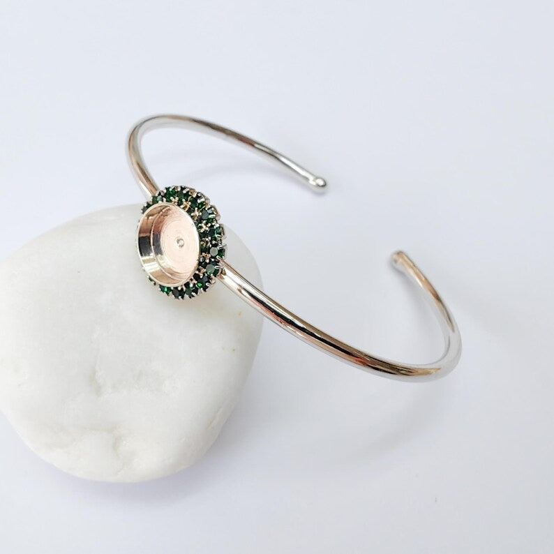 Green Crystal Bangle Bracelet, Shiny Silver Adjustable Cuff, 10mm Bezel Jewelry Making Supplies, G37399