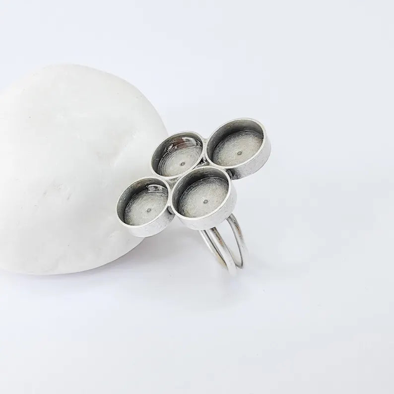 Adjustable Ring Setting, 4 Cup Bezels 10mm, Antique Silver Plated Brass, Jewelry Making Supplies G37401