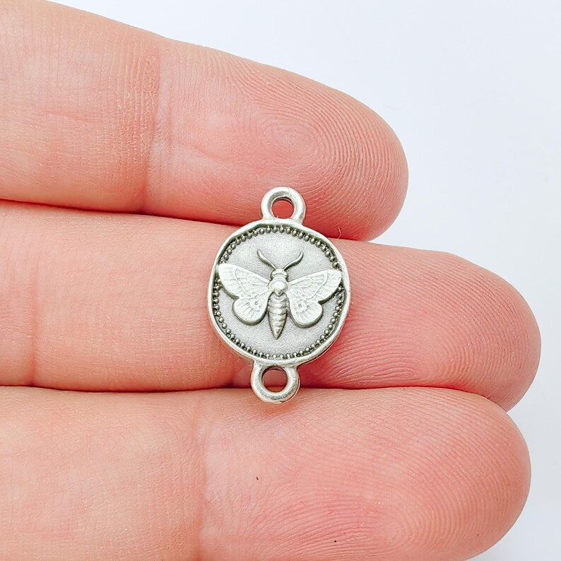 4 Moth Charm Connector Pendant, Double Sided Organic Round Coin Design, Antique Silver Zamac, 20x12mm, G37405
