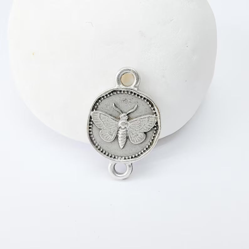 4 Moth Charm Connector Pendant, Double Sided Organic Round Coin Design, Antique Silver Zamac, 20x12mm, G37405
