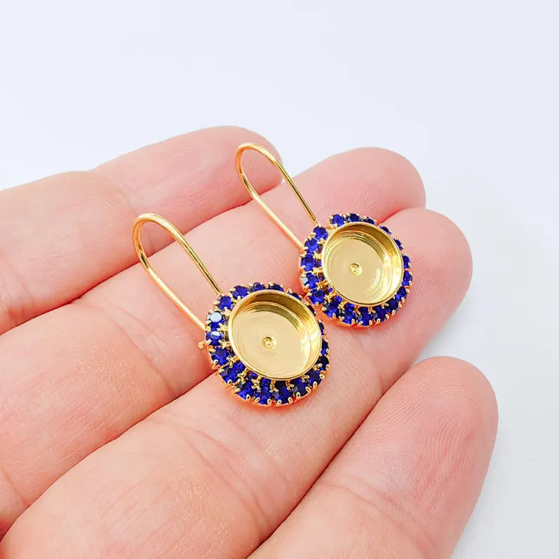 Navy Blue Crystal Hook Earrings with 10mm Bezel, 24k Gold Plated Drop Settings, DIY Jewelry Making, G37408