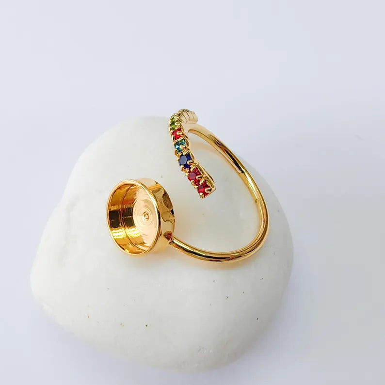Adjustable Ring Bezel, 10mm Round Bezel Cup, Colorful Crystal, 24K Gold Plated, G37409
