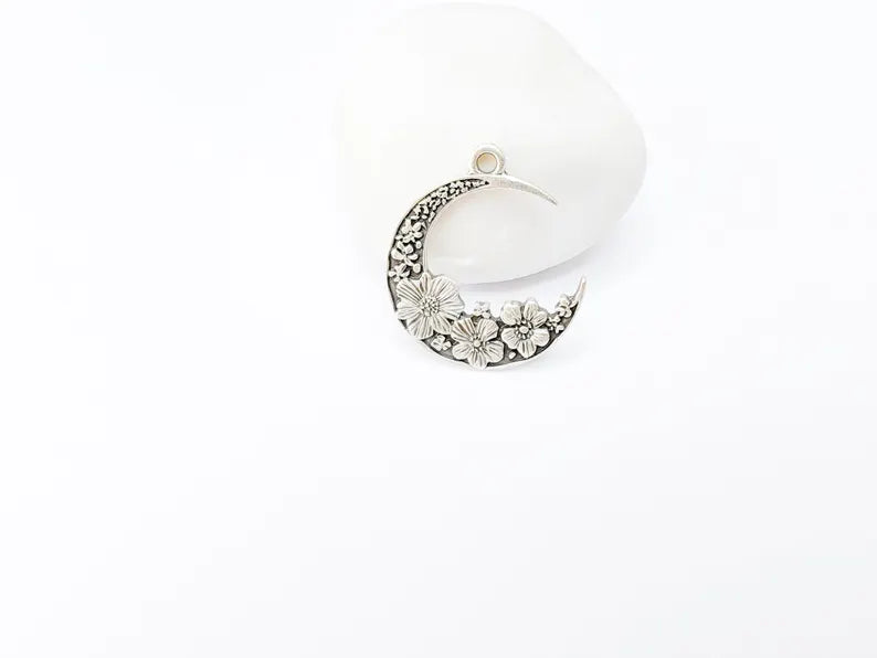 Crescent Moon Charm, Flower Celestial Pendant, Antique Silver Plated, Jewelry Making Supplies 33x28mm G37342
