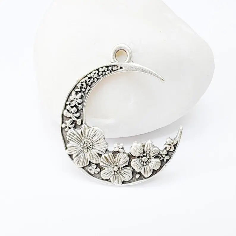 Crescent Moon Charm, Flower Celestial Pendant, Antique Silver Plated, Jewelry Making Supplies 33x28mm G37342