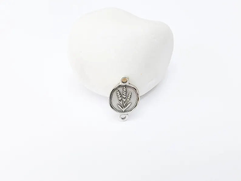 4 Lavender Connector Charm, Round Pendant, Double Sided, Antique Silver Plated, Jewelry Making Supplies 20x12mm G37343