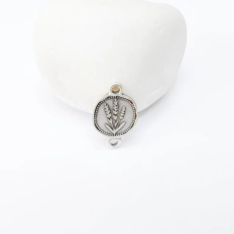 4 Lavender Connector Charm, Round Pendant, Double Sided, Antique Silver Plated, Jewelry Making Supplies 20x12mm G37343