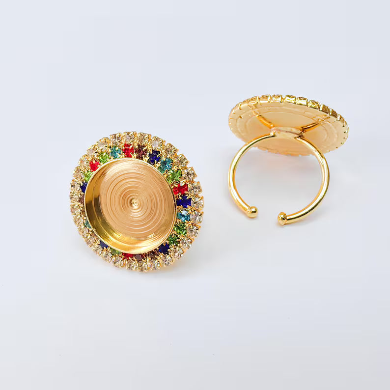 Colored Crystal Ring Bezel, Adjustable Ring Base, 16mm Round Bezel Setting, 24K Shiny Gold, G37410