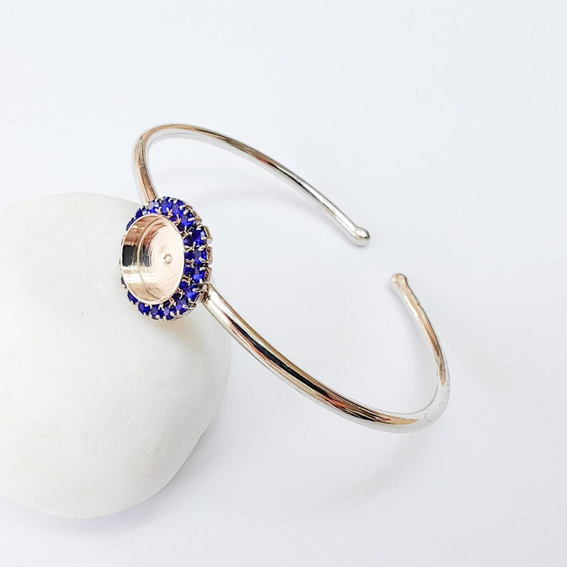 Navy Blue Crystal Bangle Bracelet, Shiny Silver Adjustable Cuff, 10mm Bezel Jewelry Making Supplies, G37413