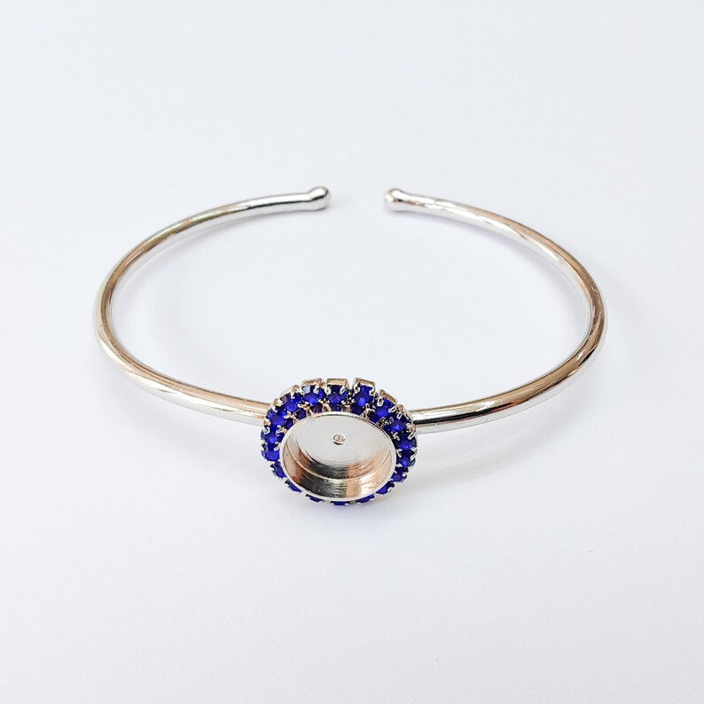 Navy Blue Crystal Bangle Bracelet, Shiny Silver Adjustable Cuff, 10mm Bezel Jewelry Making Supplies, G37413
