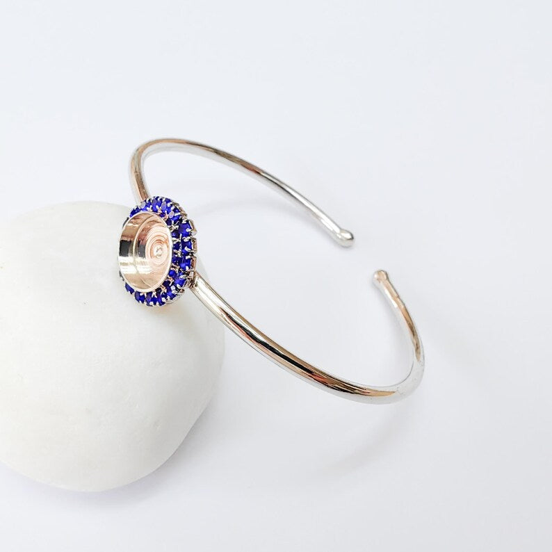 Navy Blue Crystal Bangle Bracelet, Shiny Silver Adjustable Cuff, 10mm Bezel Jewelry Making Supplies, G37413