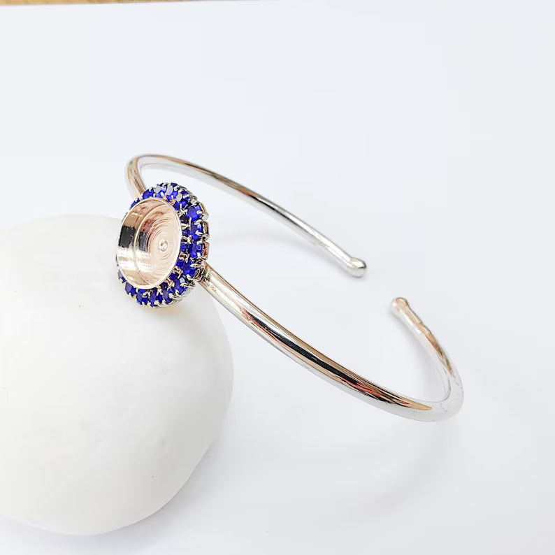 Navy Blue Crystal Bangle Bracelet, Shiny Silver Adjustable Cuff, 10mm Bezel Jewelry Making Supplies, G37413