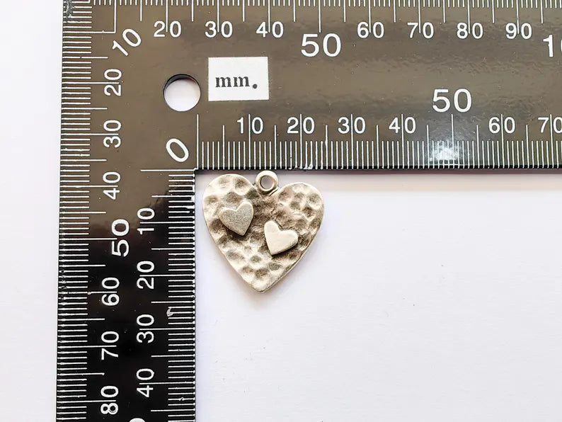 Hammered Heart Charm, Double Heart Pendant, Boho Jewelry Making Supplies, Antique Silver Plated, 23mm G37338