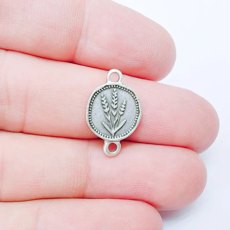4 Lavender Connector Charm, Round Pendant, Double Sided, Antique Silver Plated, Jewelry Making Supplies 20x12mm G37343