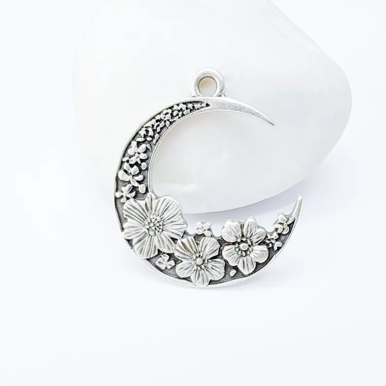 Crescent Moon Charm, Flower Celestial Pendant, Antique Silver Plated, Jewelry Making Supplies 33x28mm G37342