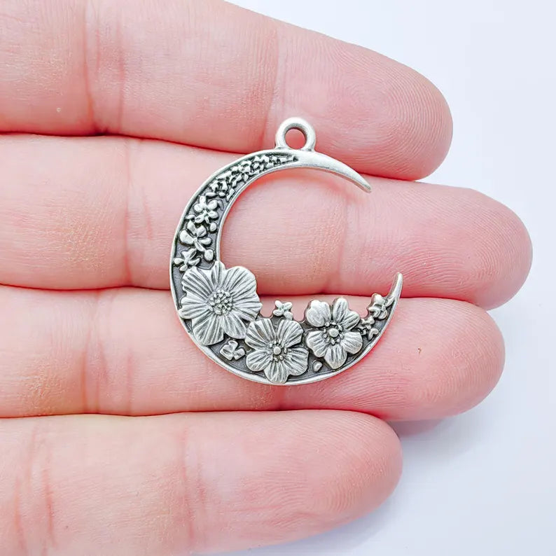 Crescent Moon Charm, Flower Celestial Pendant, Antique Silver Plated, Jewelry Making Supplies 33x28mm G37342