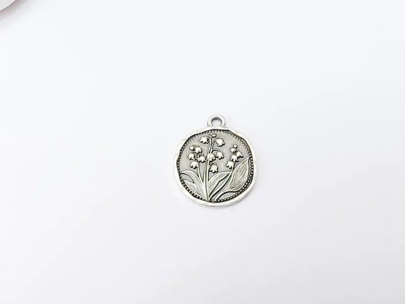 Lily of the Valley Charm, Floral Pendant, Boho Jewelry Making Supplies, Antique Silver Plated, 27x22mm G37336
