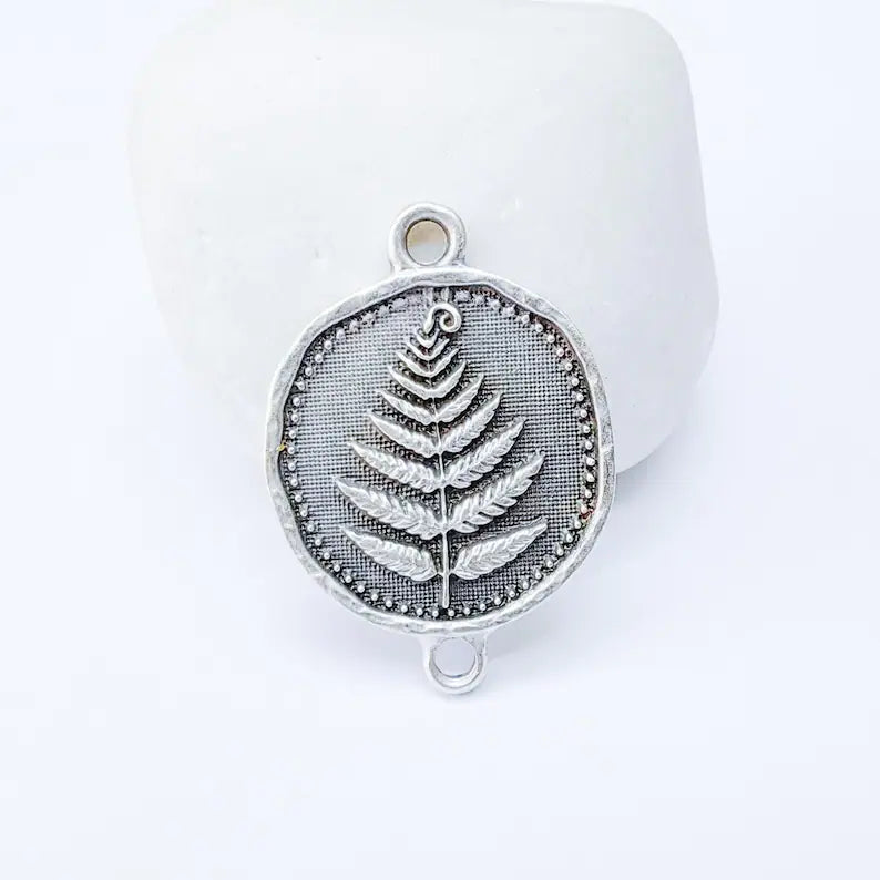 Fern Connector Charm, Botanical Pendant, Boho Jewelry Making Supplies, Antique Silver Plated, 31x22mm G37340