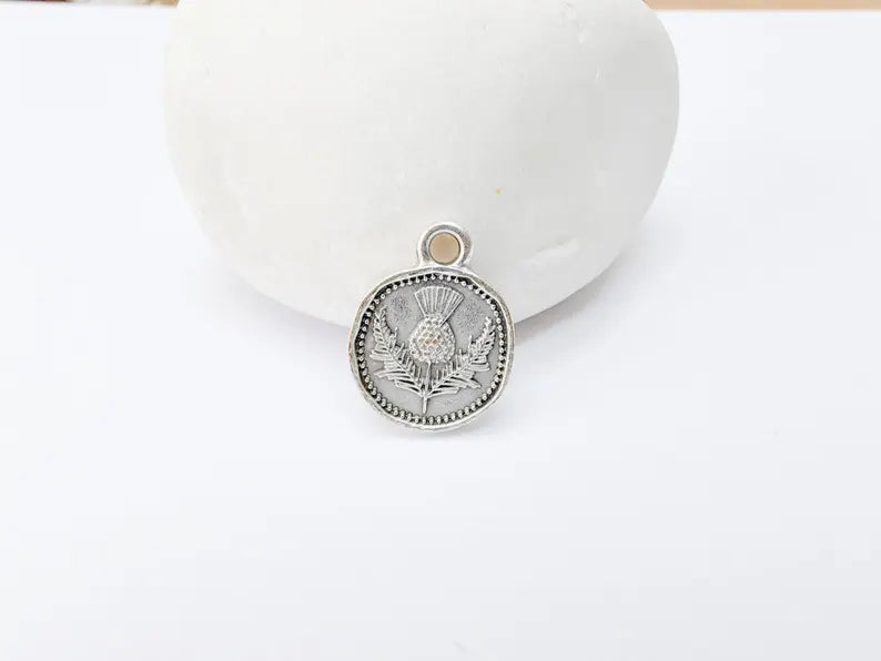 4 Thistle Charm, Double Sided Pendant, Boho Jewelry Making Supplies, Antique Silver Plated, 16x12mm G37341