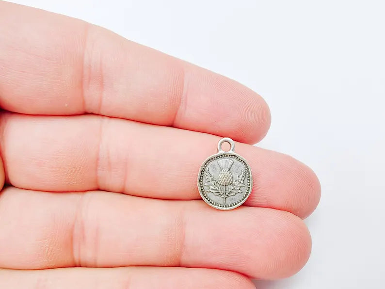 4 Thistle Charm, Double Sided Pendant, Boho Jewelry Making Supplies, Antique Silver Plated, 16x12mm G37341