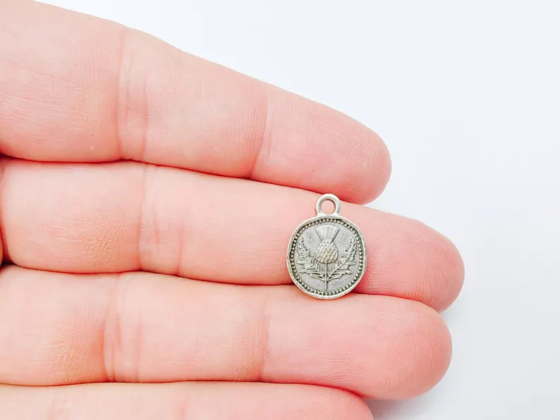 4 Thistle Charm, Double Sided Pendant, Boho Jewelry Making Supplies, Antique Silver Plated, 16x12mm G37341