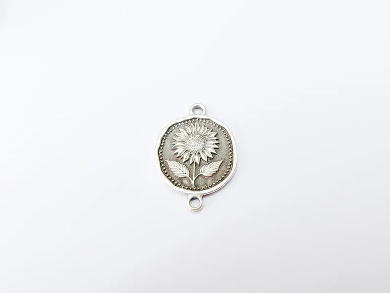 Sunflower Connector Charm, Floral Pendant, Boho Jewelry Making Supplies, Antique Silver Plated, 31x22mm G37344