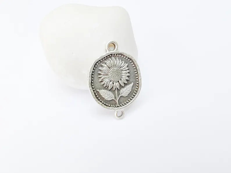 Sunflower Connector Charm, Floral Pendant, Boho Jewelry Making Supplies, Antique Silver Plated, 31x22mm G37344