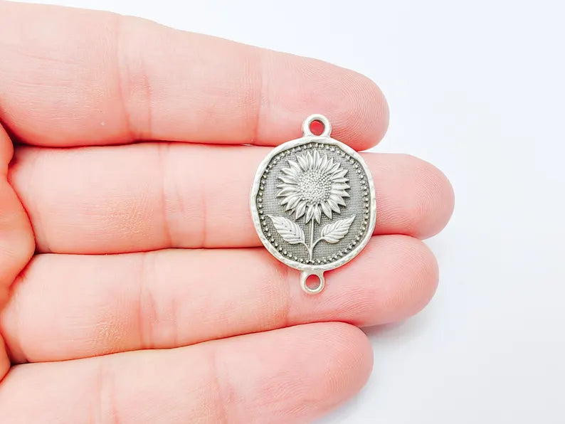 Sunflower Connector Charm, Floral Pendant, Boho Jewelry Making Supplies, Antique Silver Plated, 31x22mm G37344