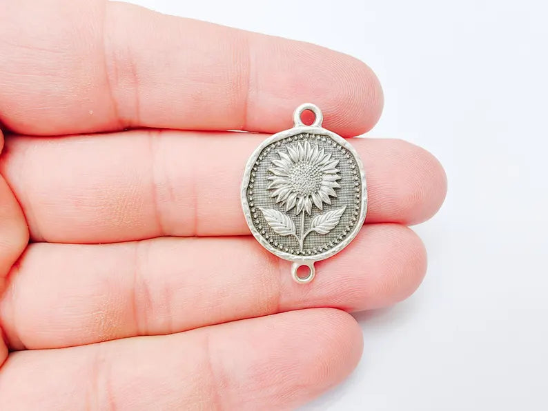 Sunflower Connector Charm, Floral Pendant, Boho Jewelry Making Supplies, Antique Silver Plated, 31x22mm G37344
