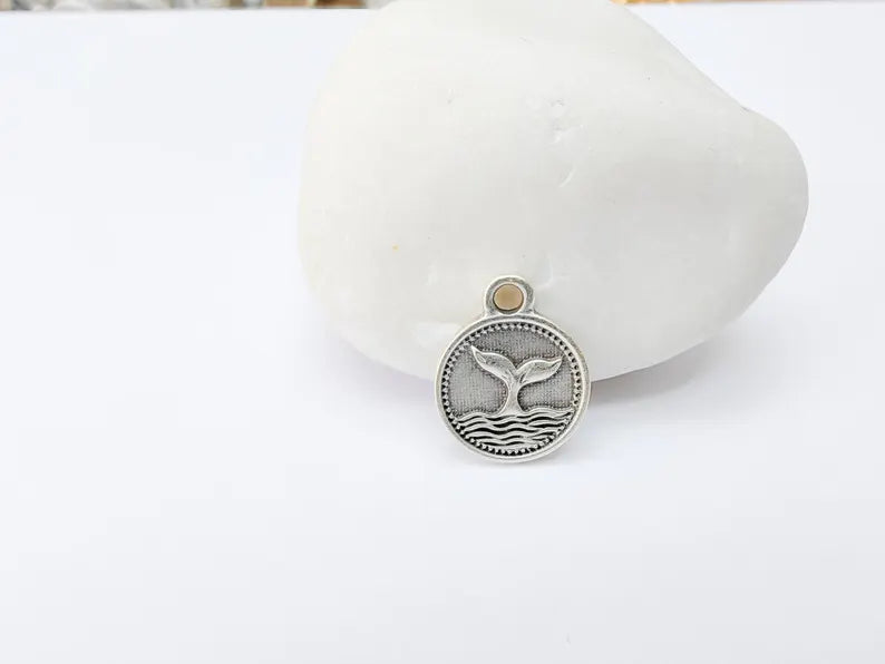 4 Whale Tail Charm, Double Sided Pendant, Nautical Jewelry Making Supplies, Antique Silver Plated, 16x13mm G37345