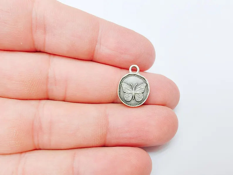 4 Butterfly Charm, Double Sided Pendant, Boho Jewelry Making Supplies, Antique Silver Plated, 16x12mm G37348