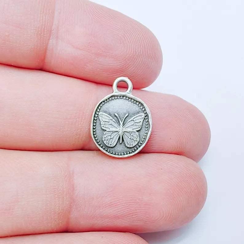 4 Butterfly Charm, Double Sided Pendant, Boho Jewelry Making Supplies, Antique Silver Plated, 16x12mm G37348