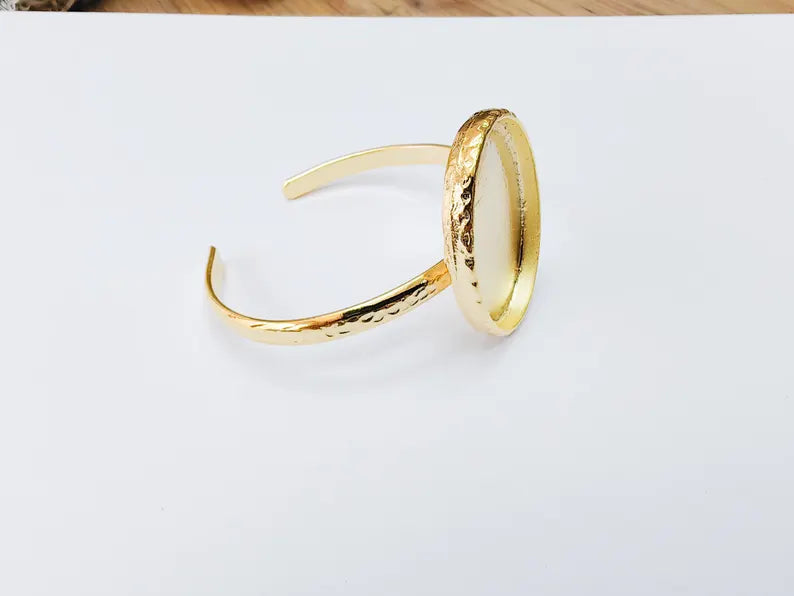 Hammered Bracelet Bezel, Adjustable Cuff Blank, 24k Shiny Gold Jewelry Supplies, 40x30mm G37349
