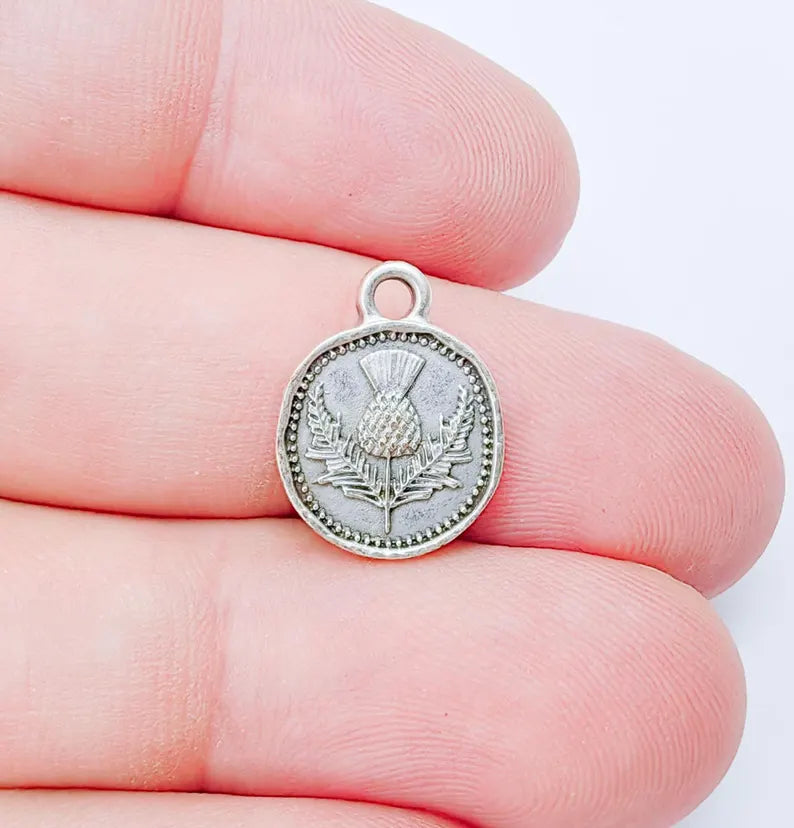 4 Thistle Charm, Double Sided Pendant, Boho Jewelry Making Supplies, Antique Silver Plated, 16x12mm G37341